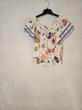 Sugarlips Curve White Floral Blouse with Blue Trim